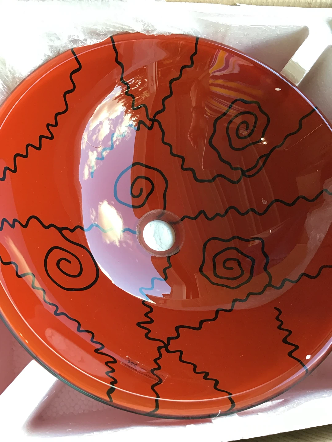 Red Glass Vessel Sink with Black Swirl Design - photo 2
