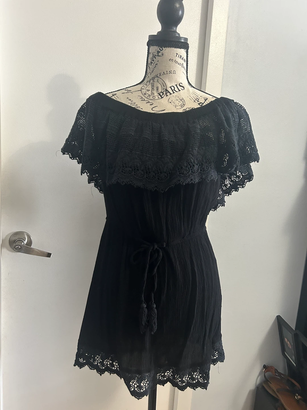 S/M Black Off-the-Shoulder Dress with Lace Trim
