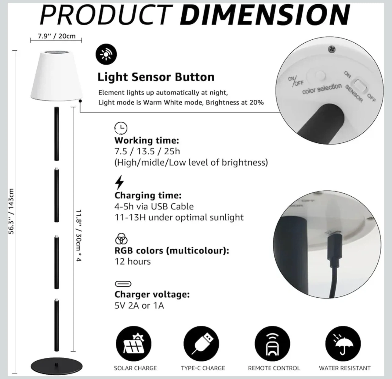 Outdoor Floor Lamp - Solar & USB Charging - photo 3