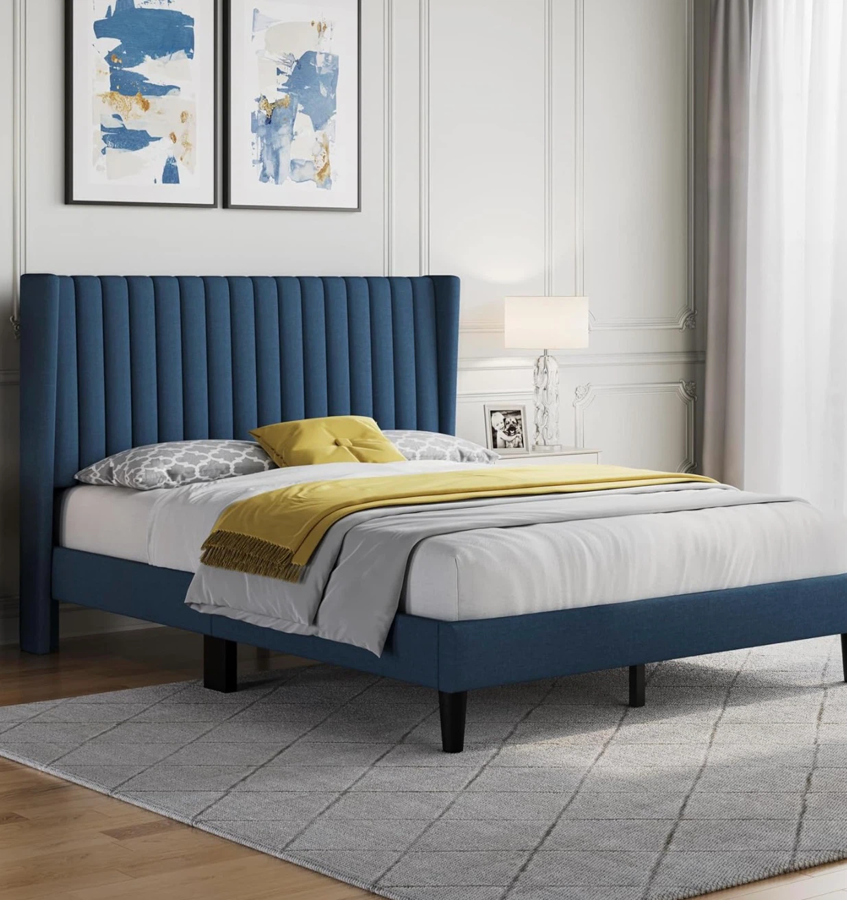Blue Upholstered Queen Size Bed Frame