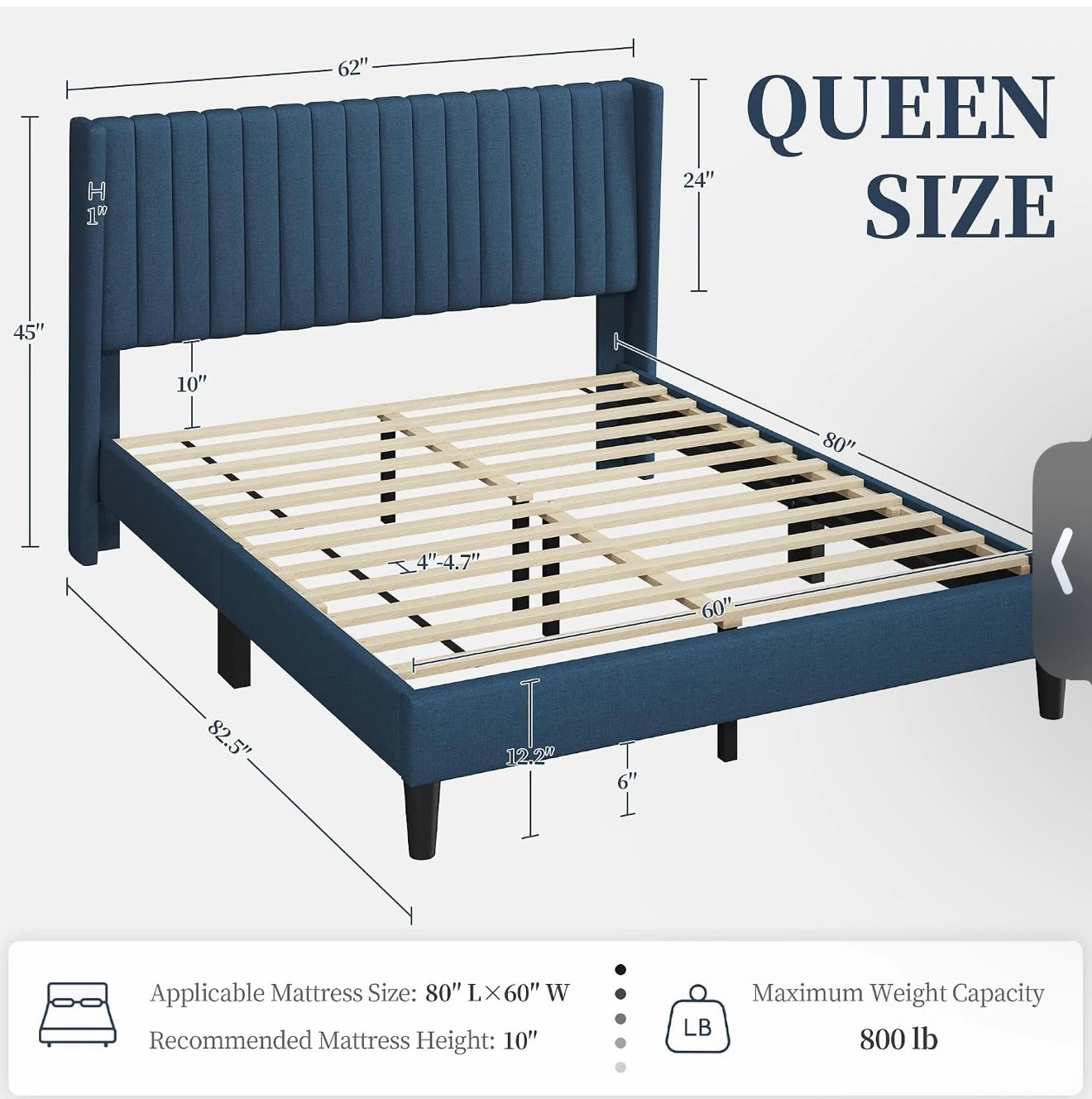 Blue Upholstered Queen Size Bed Frame - photo 3