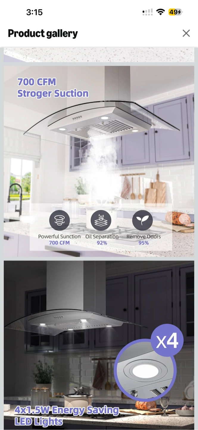Tieasy 75cm Curved Glass Chimney Range Hood TG1875G-CC-11 - photo 4