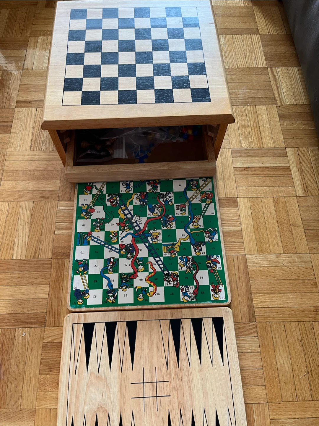 Wooden 3-in-1 Game Set: Chess, Checkers, Snakes and Ladders