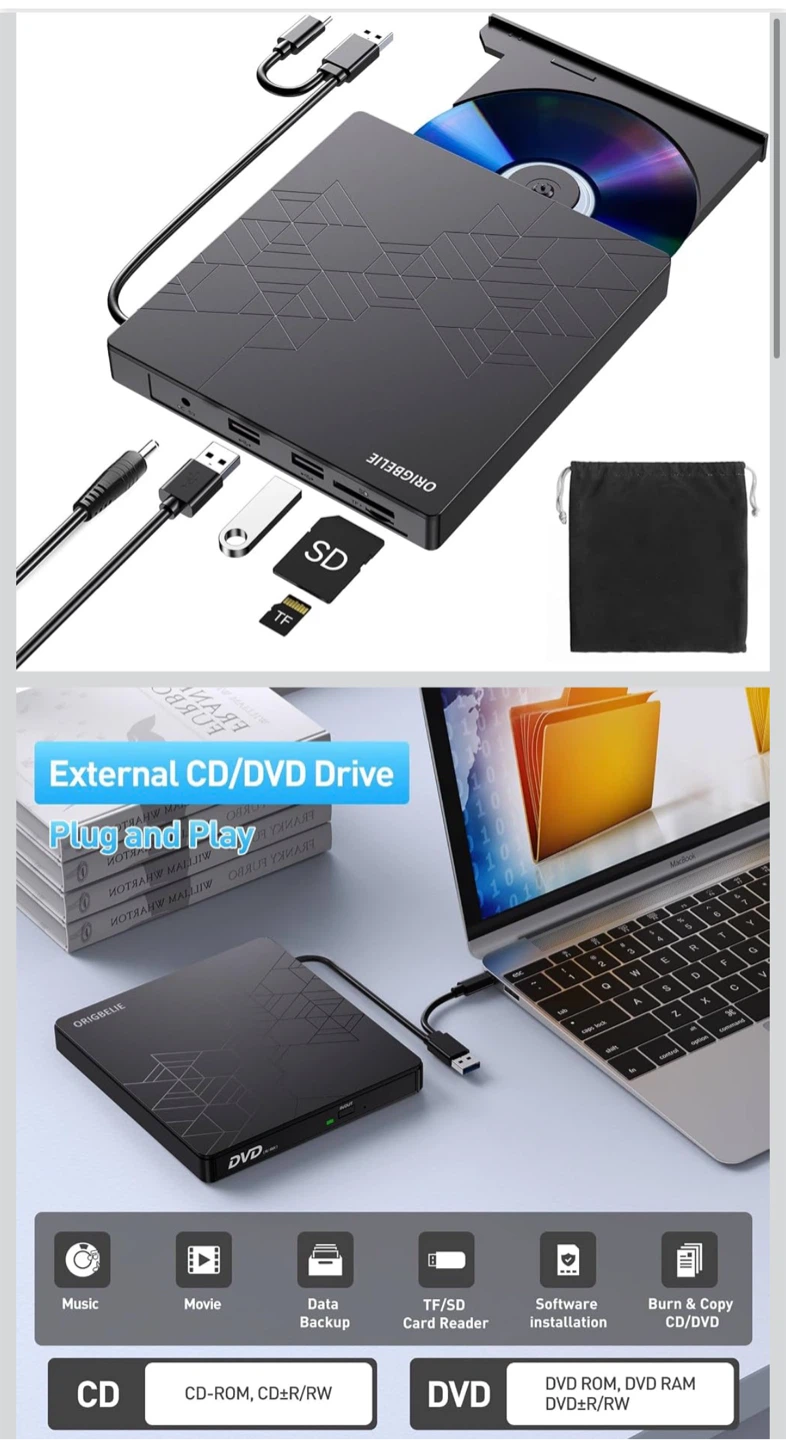 ORIGBELIE External CD/DVD Drive & SD/TF Card Reader