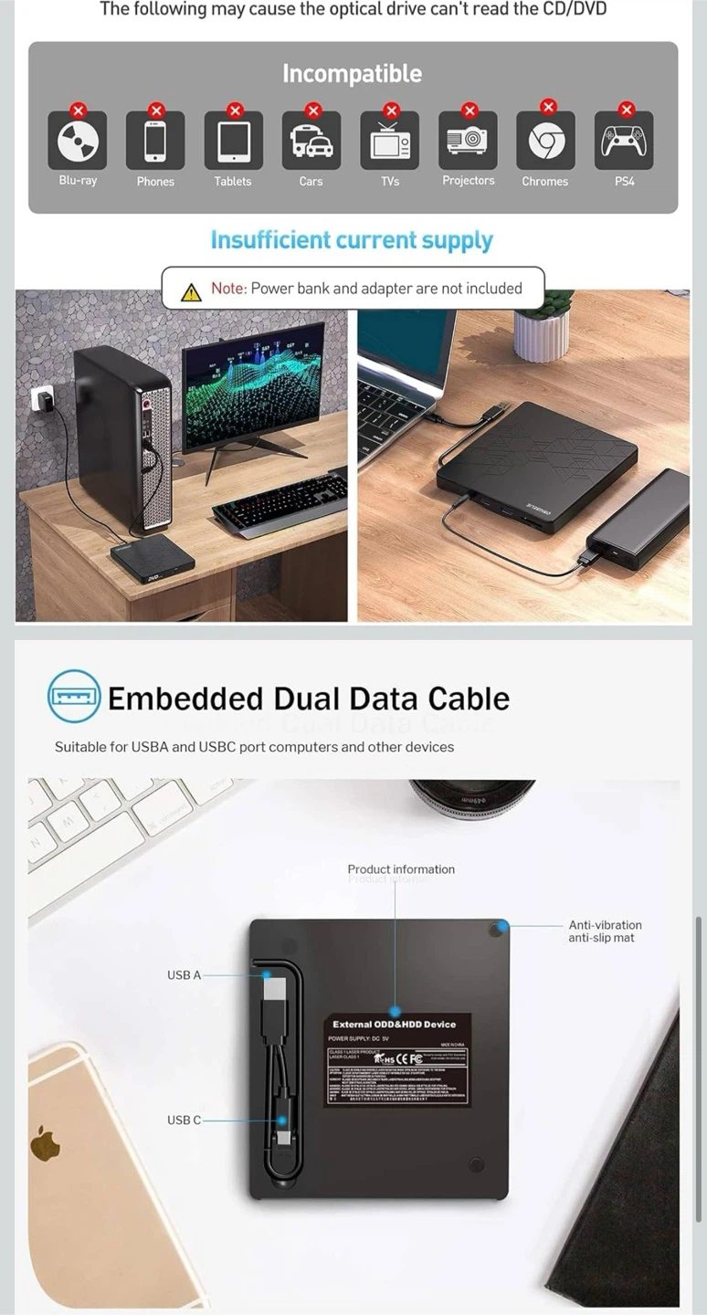 ORIGBELIE External CD/DVD Drive & SD/TF Card Reader - photo 2