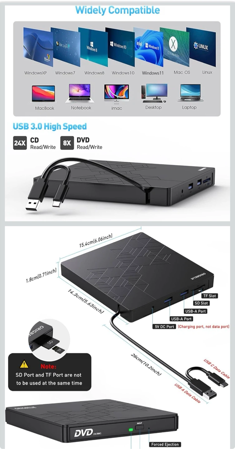 ORIGBELIE External CD/DVD Drive & SD/TF Card Reader - photo 4