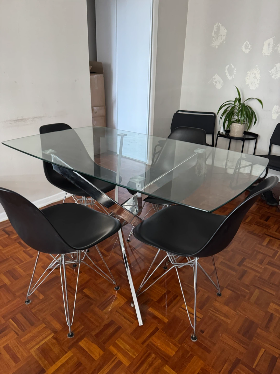 Glass Dining Table with 4 Black Chairs