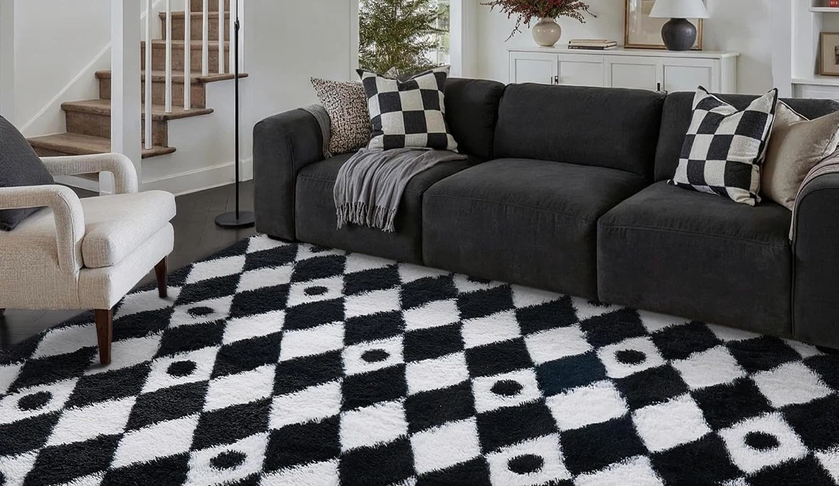 Brand new 6x9 feet Fluffy Rug Black and White Diamond Pattern - photo 2