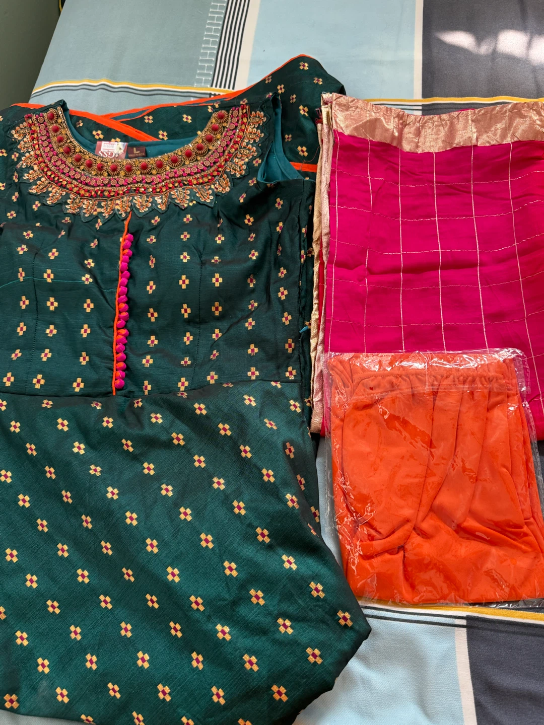 Embroidered Green Kurti Set with Pink Dupatta and Orange Pants
