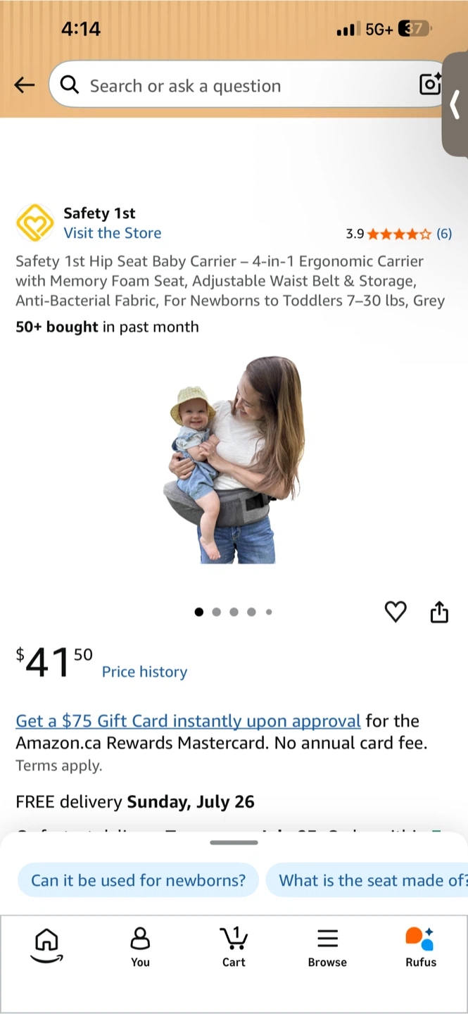 Safety 1st Hip Seat Baby Carrier - 4-in-1 Ergonomic, Grey