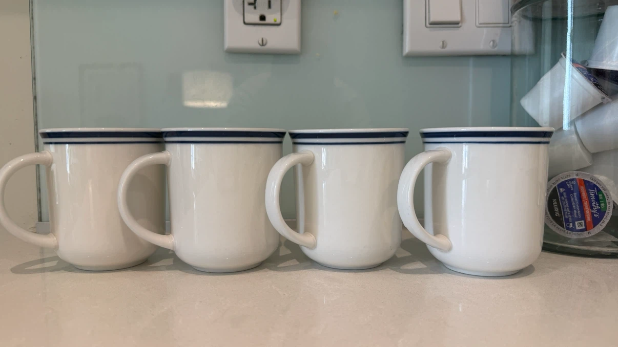 Set of 4 White Ceramic Diner Style Mugs with Blue Stripe