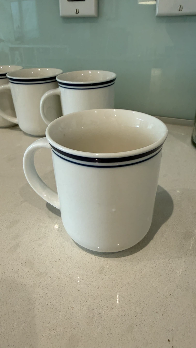 Set of 4 White Ceramic Diner Style Mugs with Blue Stripe - photo 2
