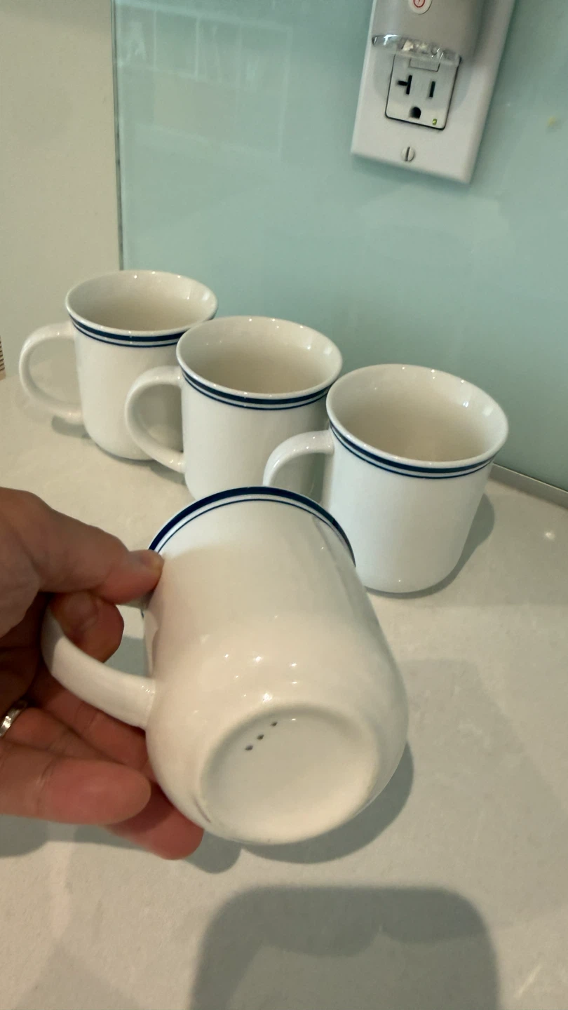 Set of 4 White Ceramic Diner Style Mugs with Blue Stripe - photo 3