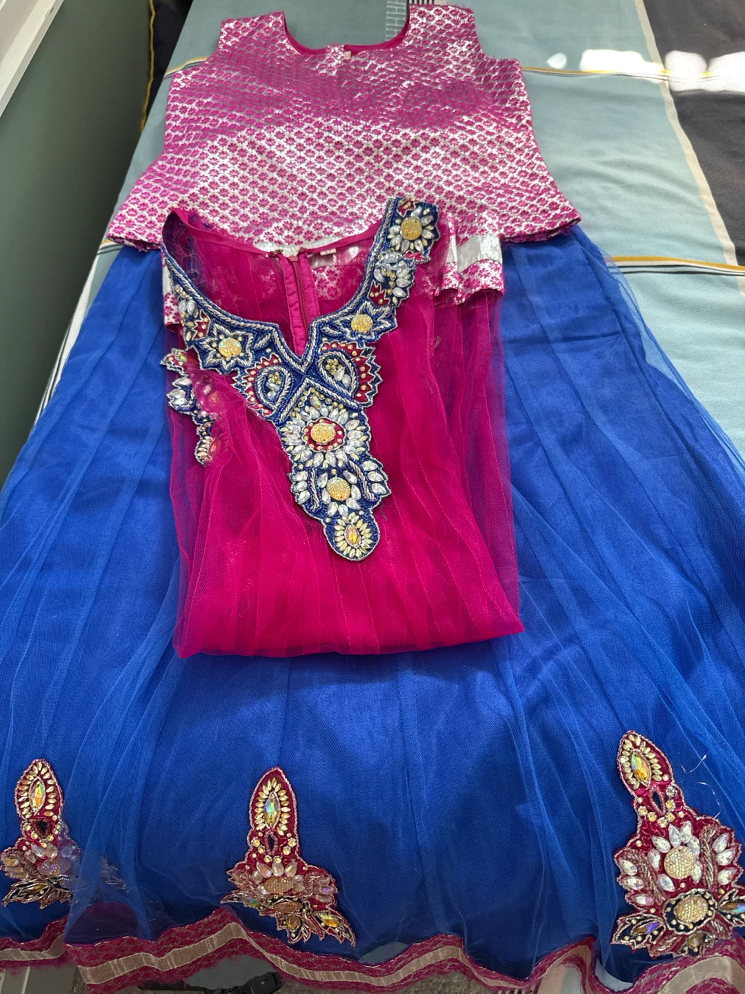 Girls Pink and Blue Embellished Lehenga Choli Outfit