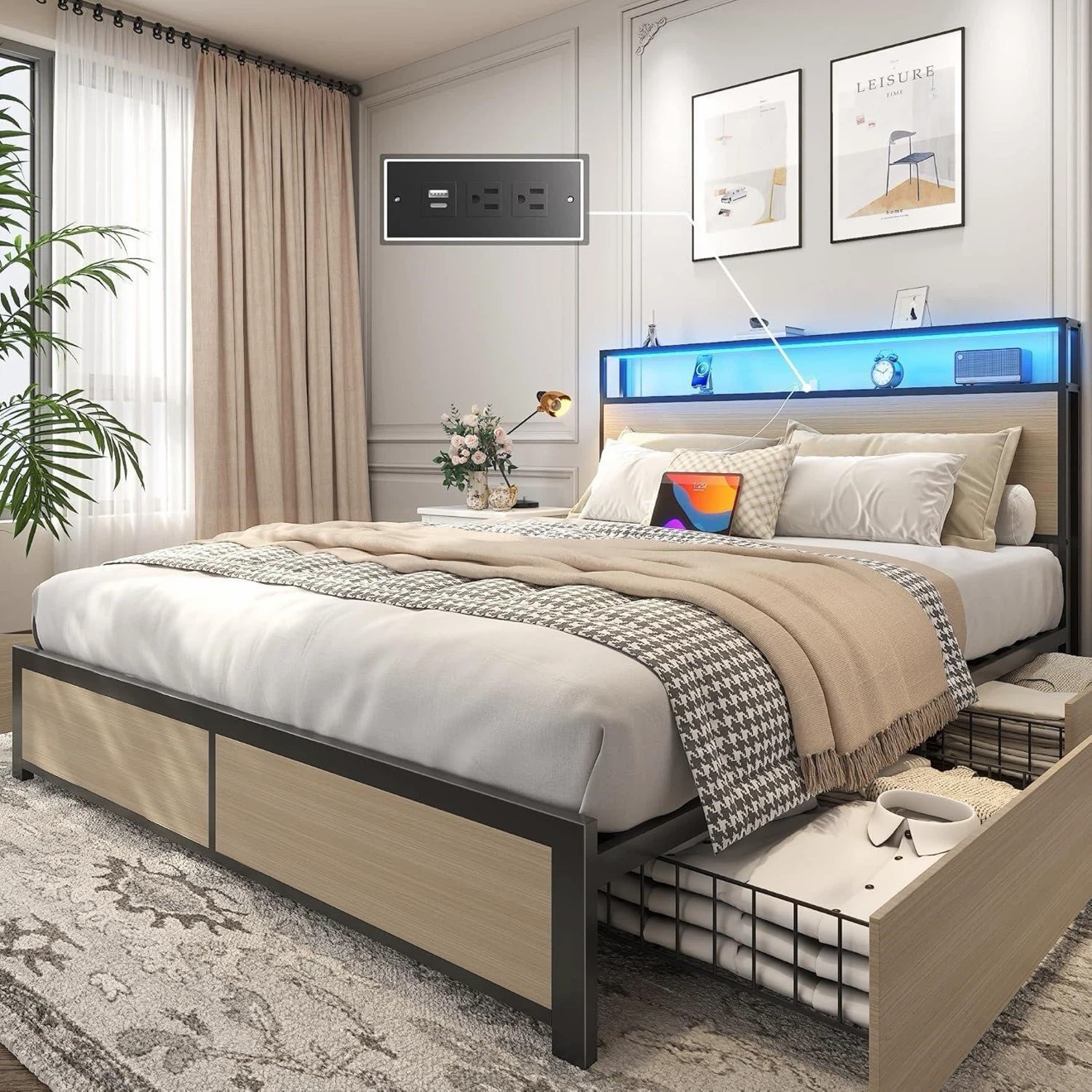 Queen Smart RGB LED Bed Frame with Charging Station