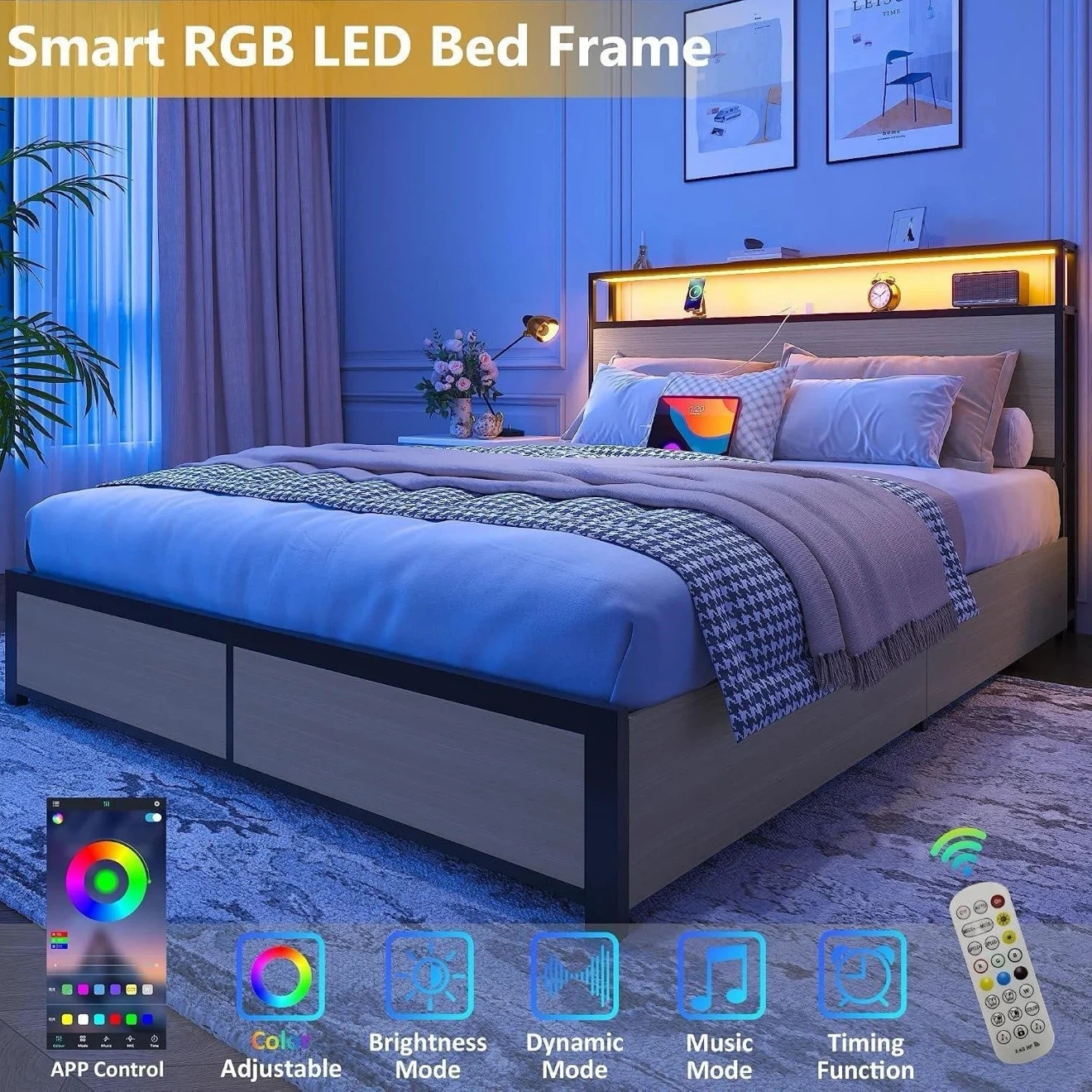 Queen Smart RGB LED Bed Frame with Charging Station - photo 3