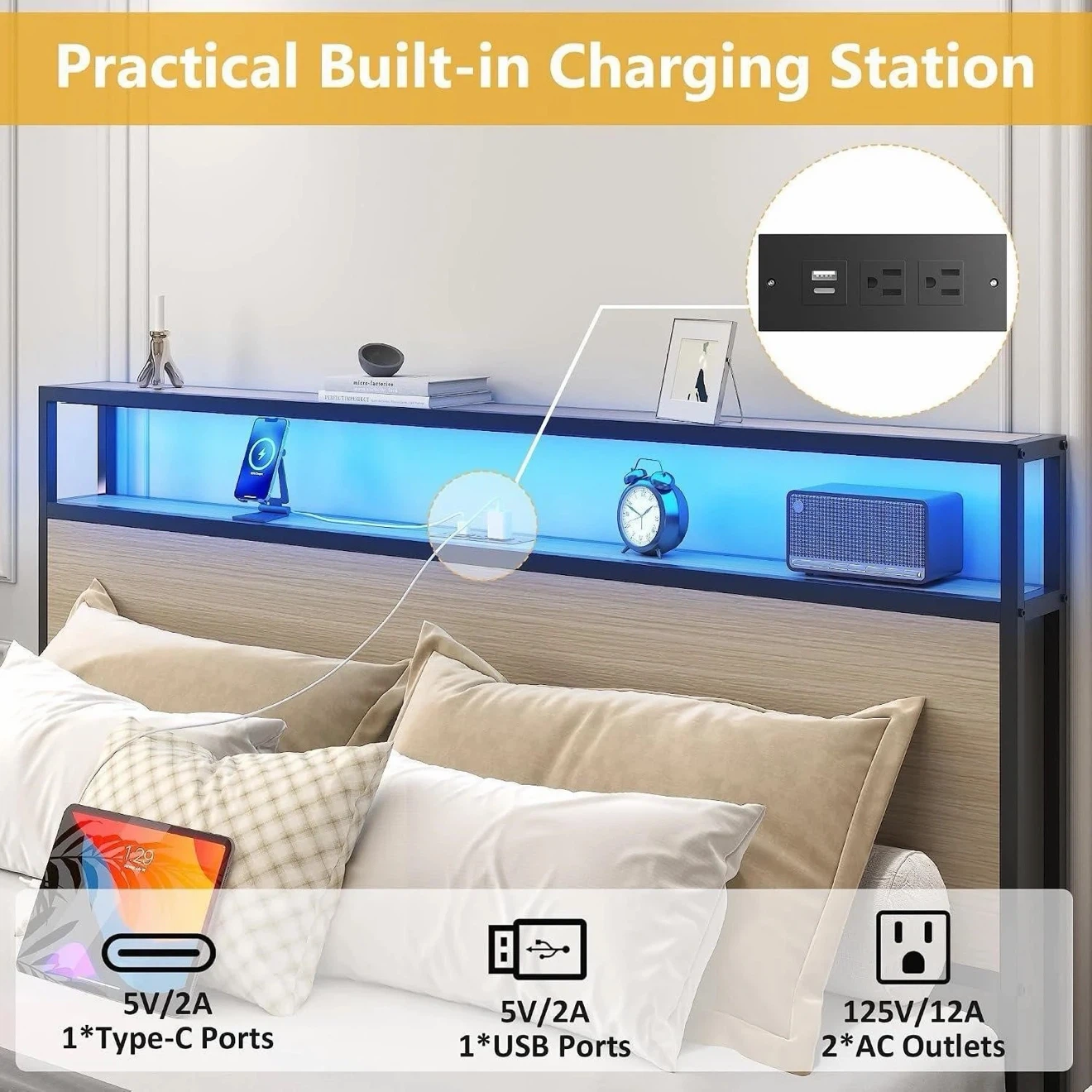 Queen Smart RGB LED Bed Frame with Charging Station - photo 4