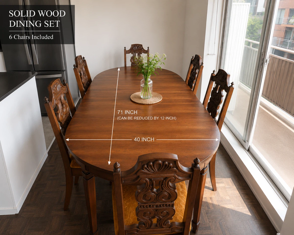 Solid Wood Dining Table Set – 6 Chairs – Extendable