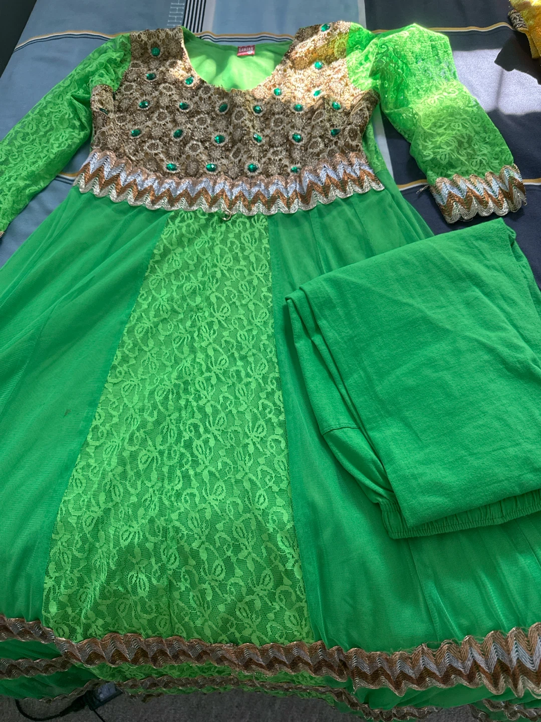 Green embellished Anarkali suit with pants