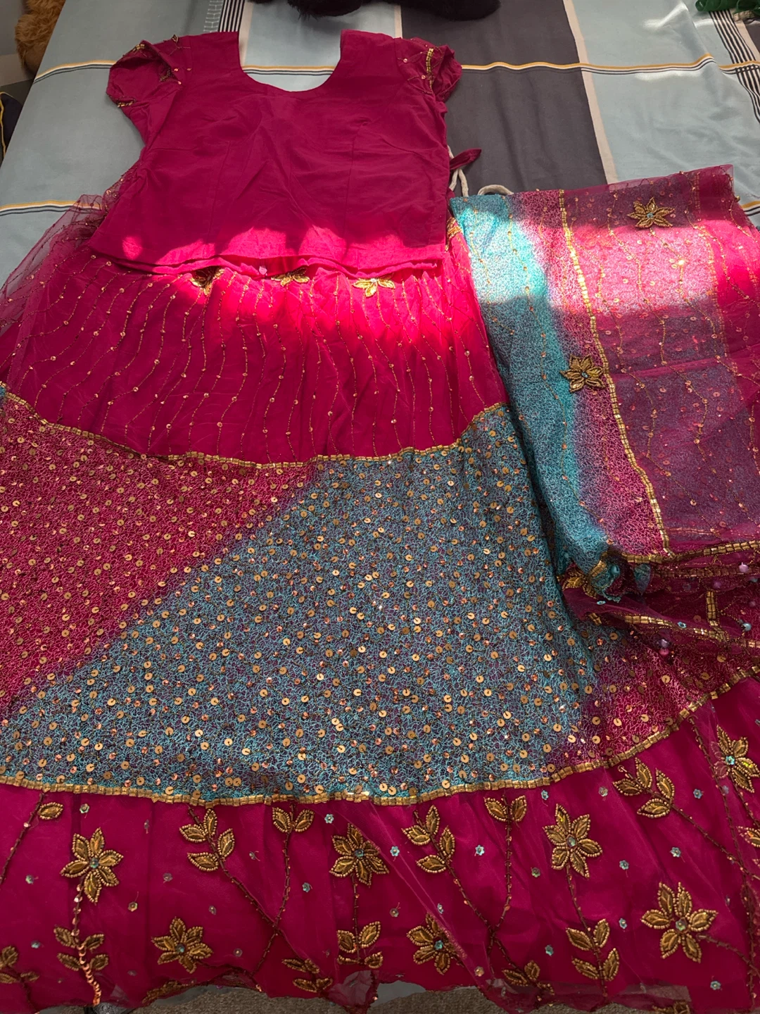 Girls Pink and Teal Sequined Lehanga Choli Dupatta Set