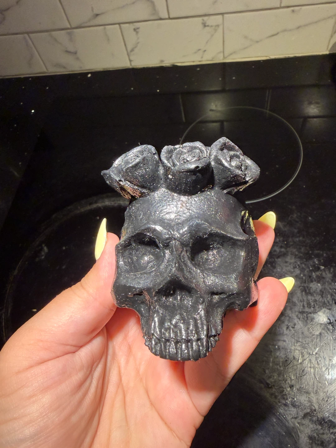 Black Skull with Roses Figurine