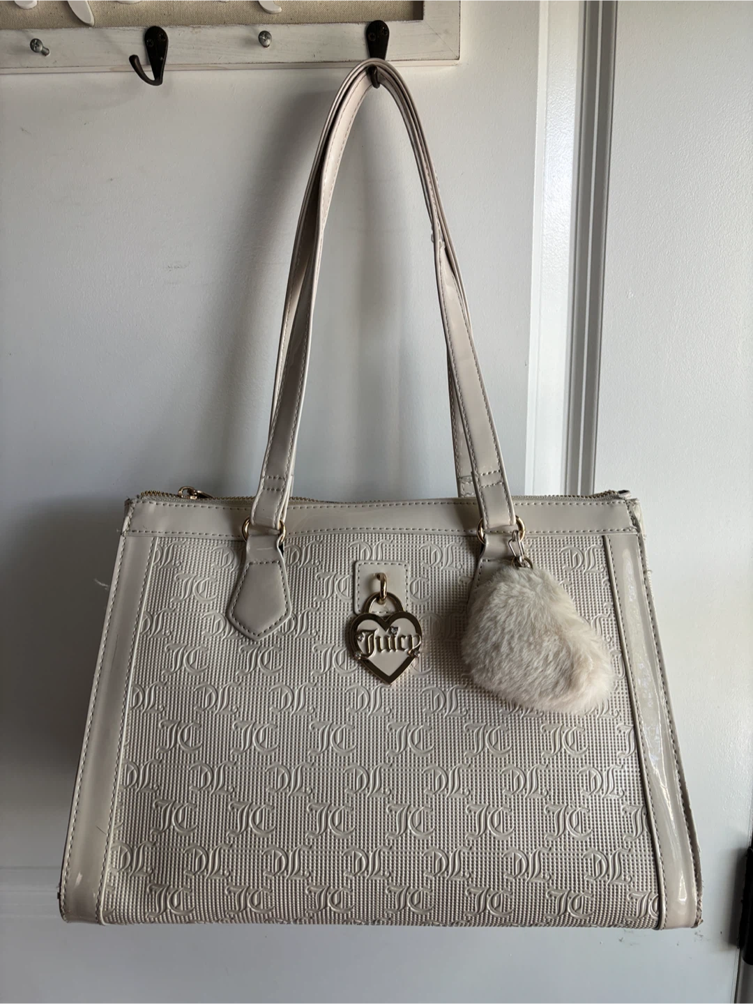 Juicy Couture Cream Tote Bag with Faux Fur Charm