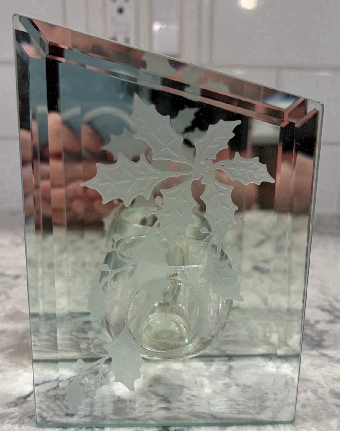 Glass Mirrored Tea Light Candle Holder w/ Frosted Holly Design