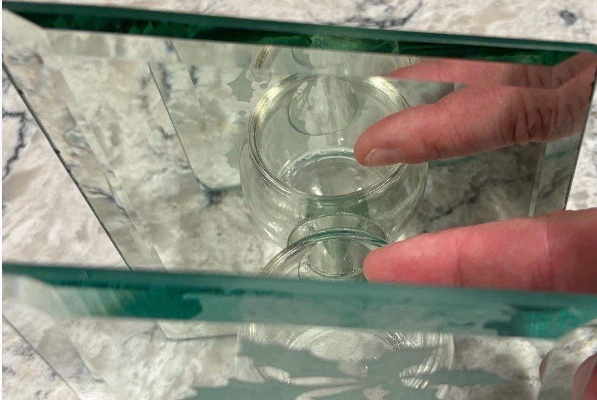 Glass Mirrored Tea Light Candle Holder w/ Frosted Holly Design - photo 4