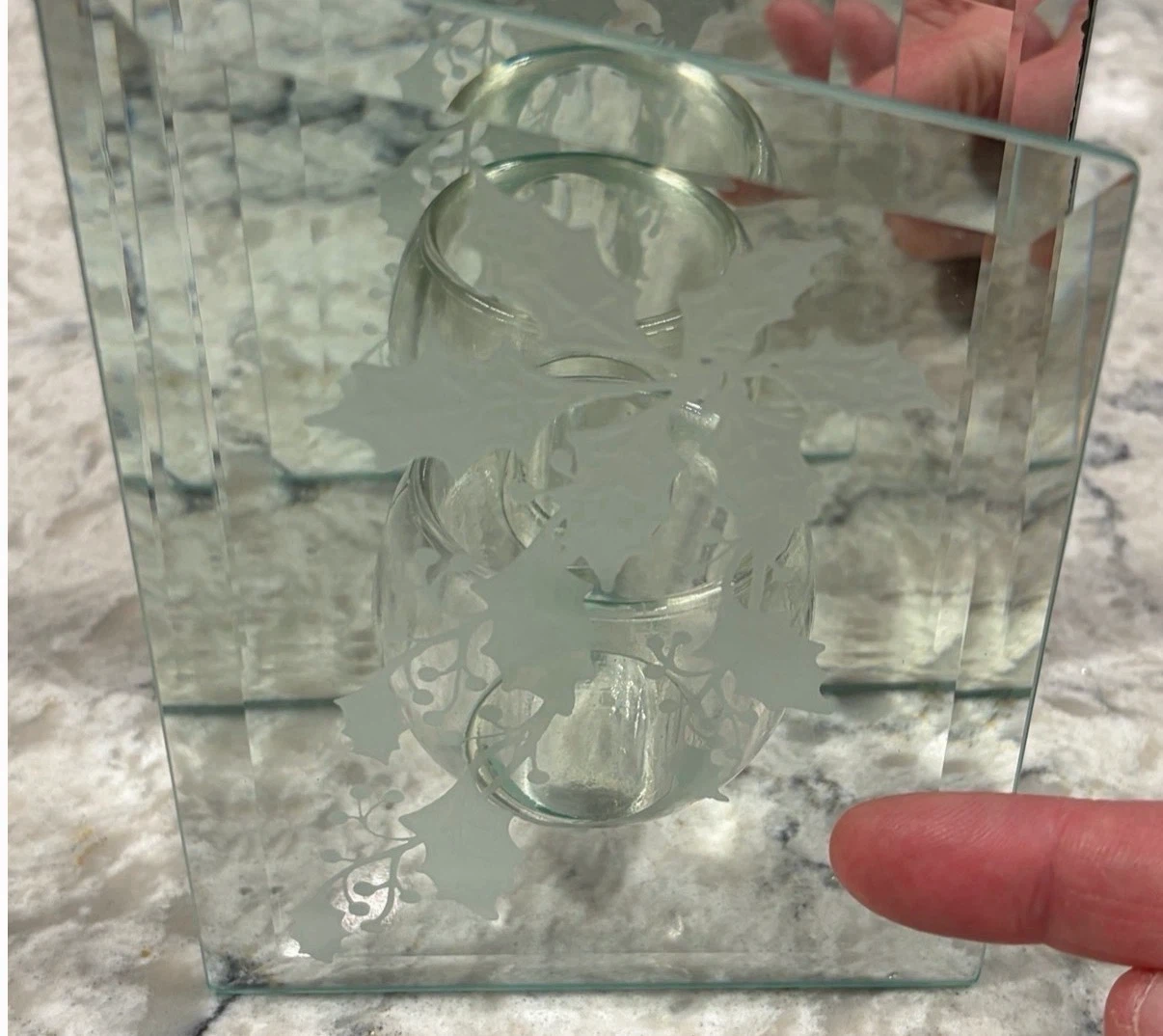 Glass Mirrored Tea Light Candle Holder w/ Frosted Holly Design - photo 5