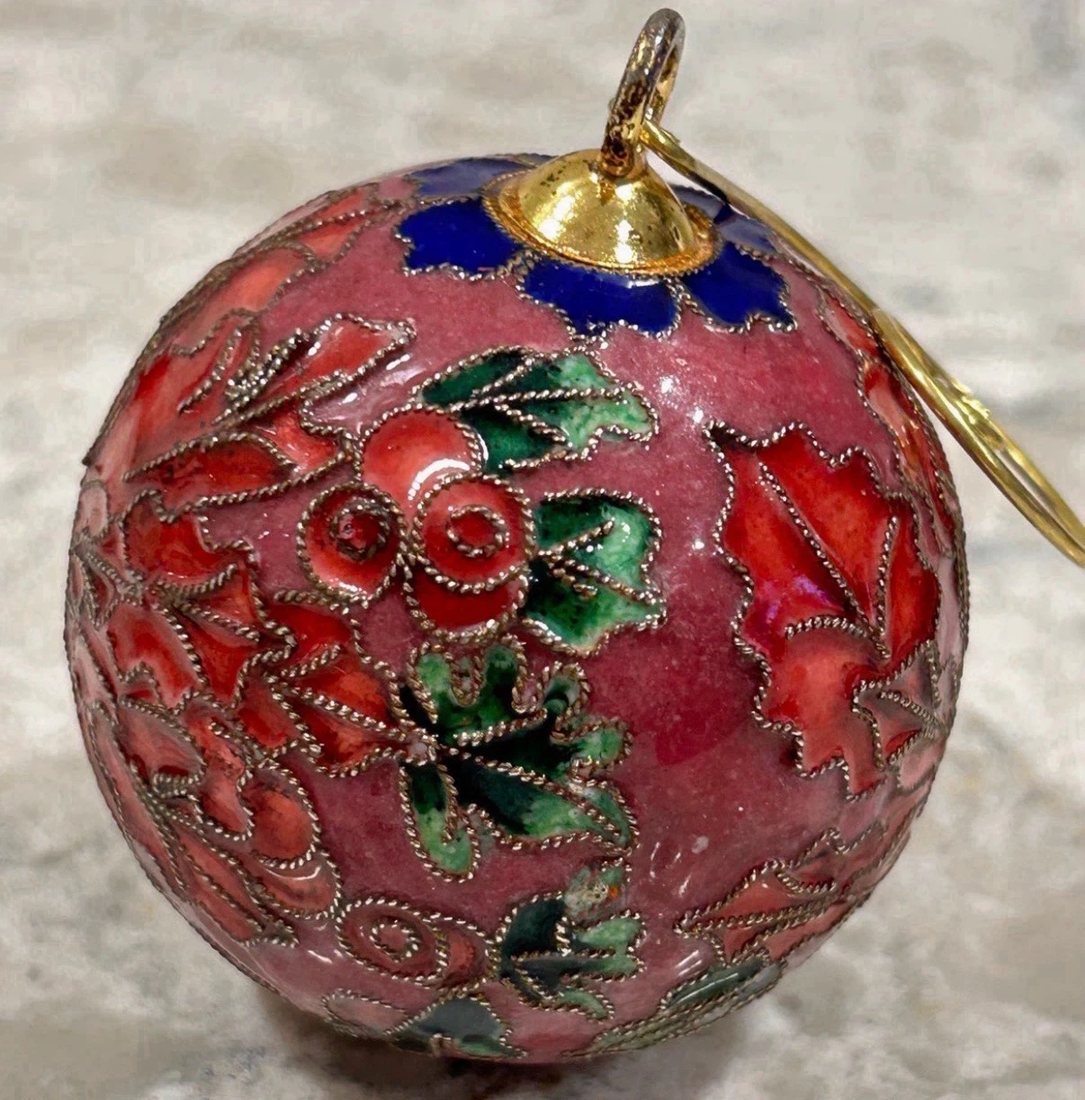 Vintage Cloisonné Enamel Christmas Ornament Floral Ball