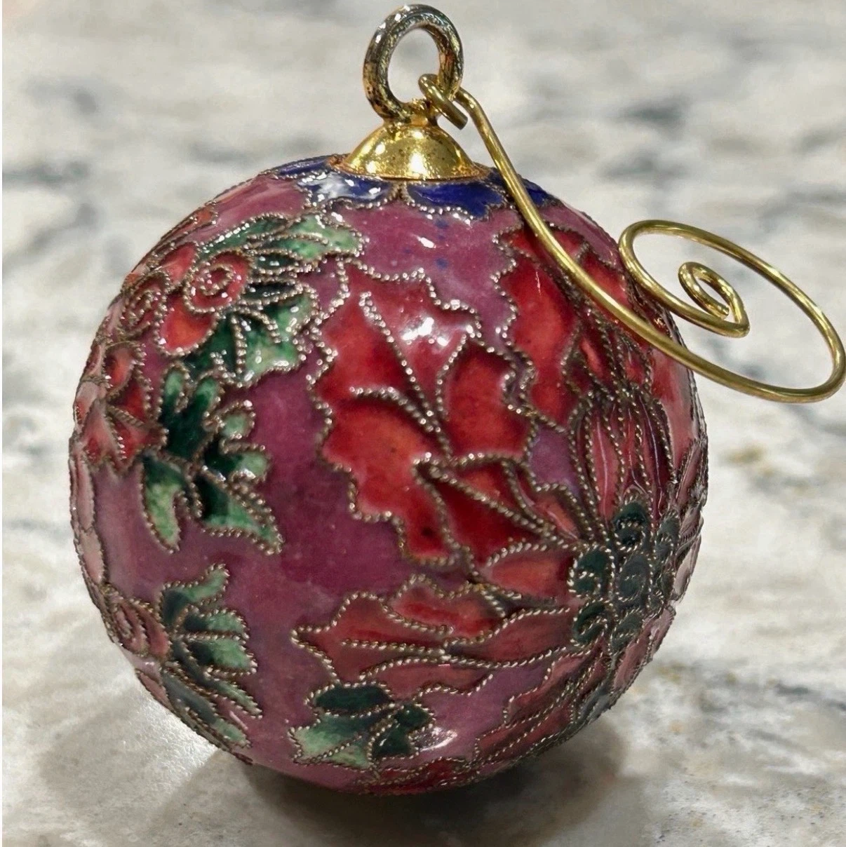 Vintage Cloisonné Enamel Christmas Ornament Floral Ball - photo 2