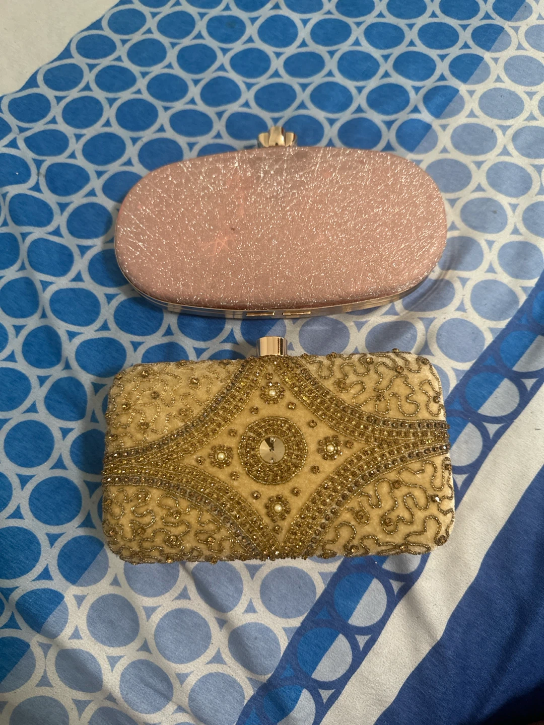 Gold Beaded Clutch Bag with Chain & Pink Clutch