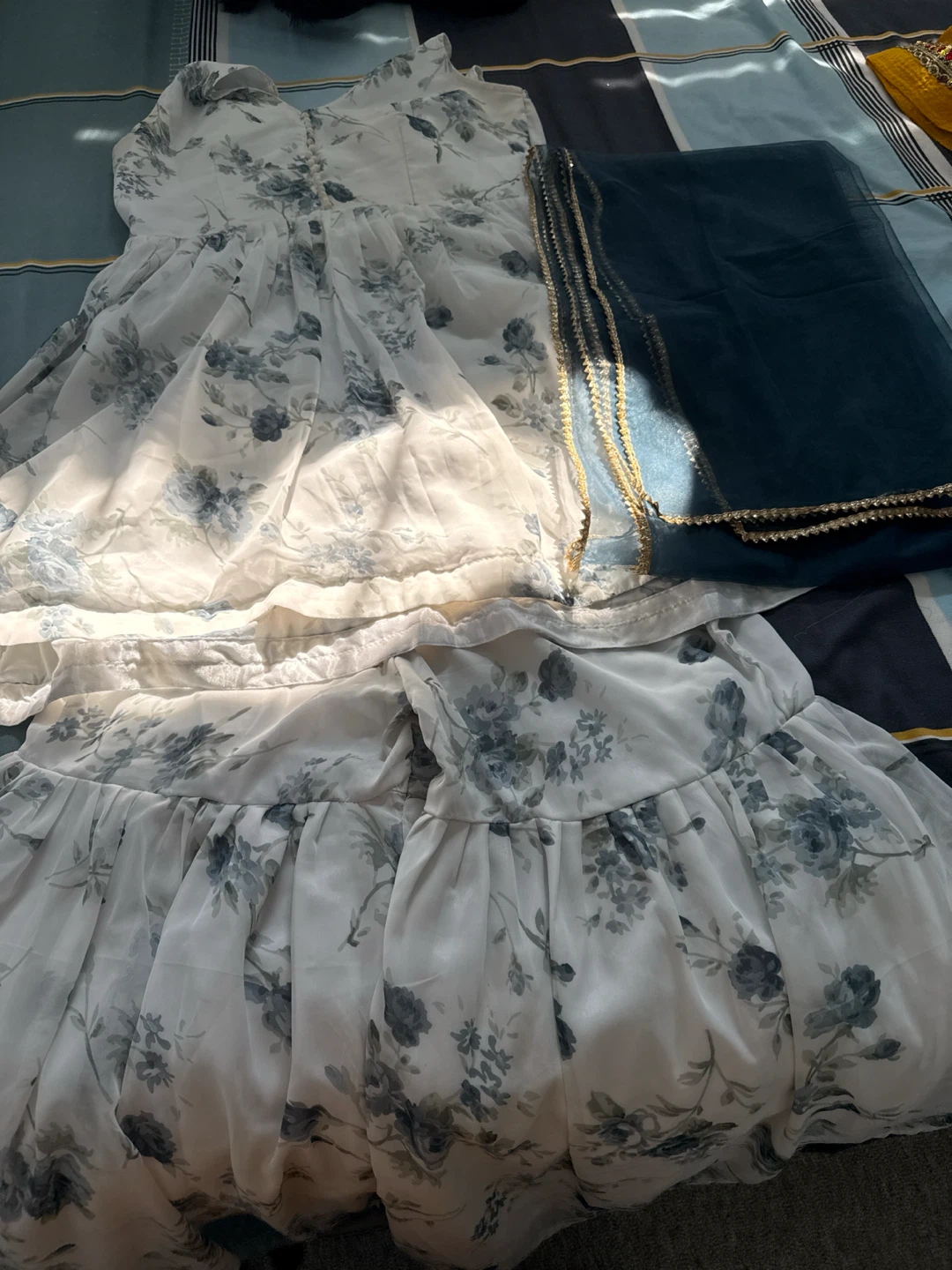 White Floral Print Dress with Teal Dupatta