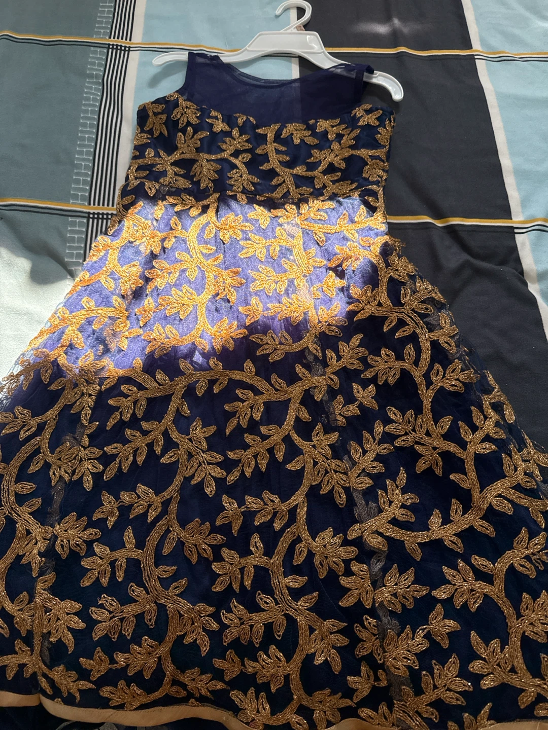 Girls Navy Blue Dress with Gold Embroidery
