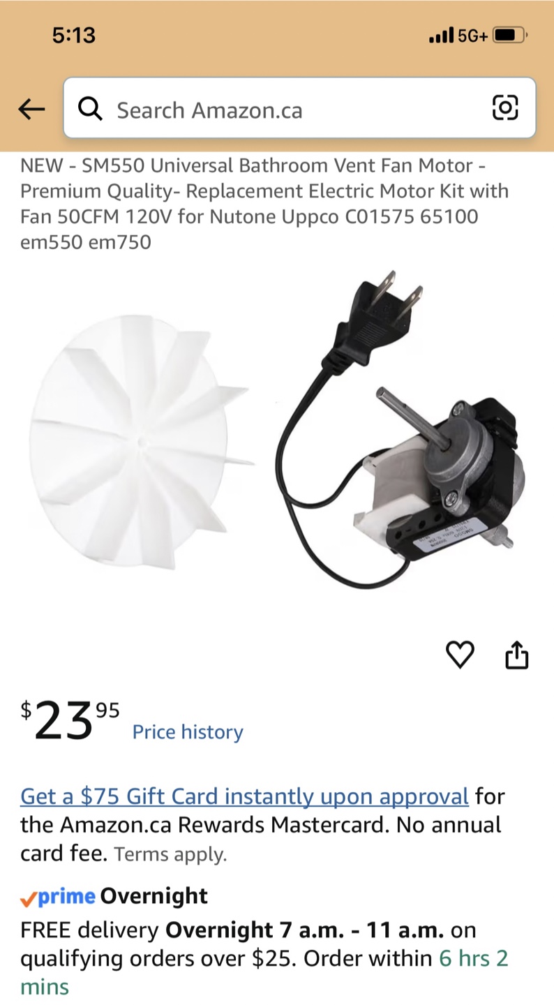 SM550 Universal Bathroom Vent Fan Motor Kit