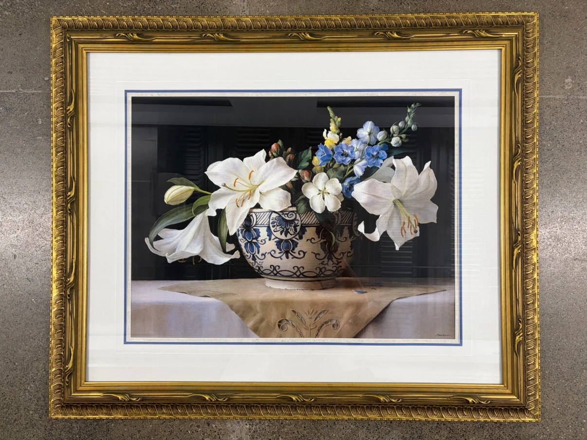Large Framed Floral Wall Art – White Lily Still Life