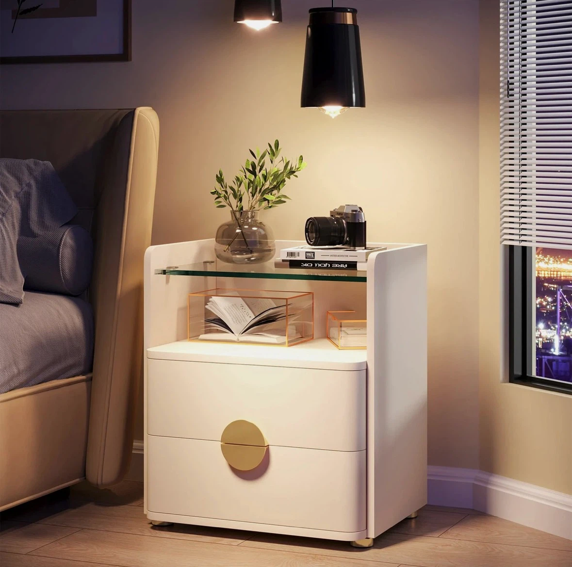 Brand new Modern Nightstand with 2 Drawers and Glass Shelf - photo 2