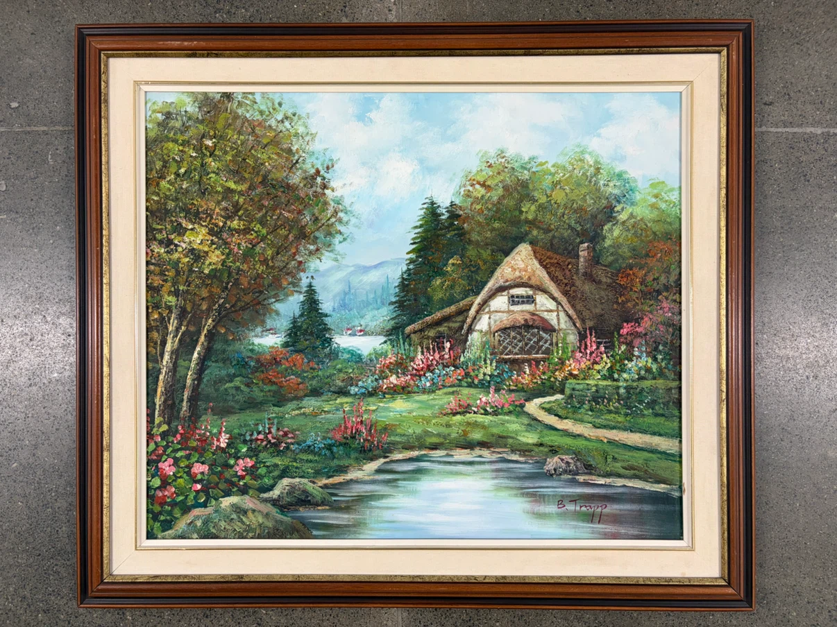 Vintage Framed Landscape Oil Painting – Cottage & Garden Scene