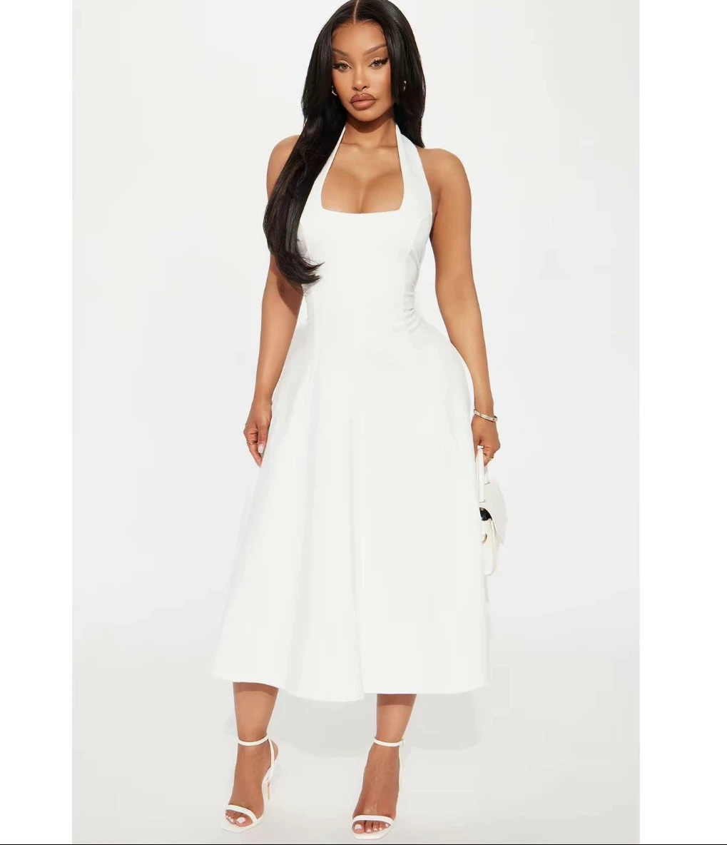 White Halter Neck Midi Dress