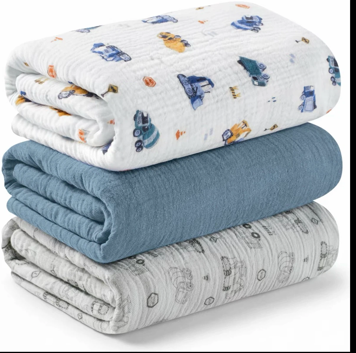 Muslin Swaddle Blankets (Set of 3) - Blue, Cars, Gray Patterns