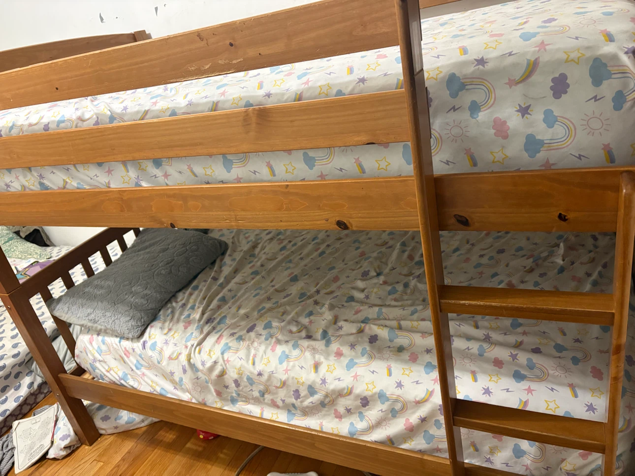 Wooden Bunk Bed with Rainbow Cloud Sheets - photo 4