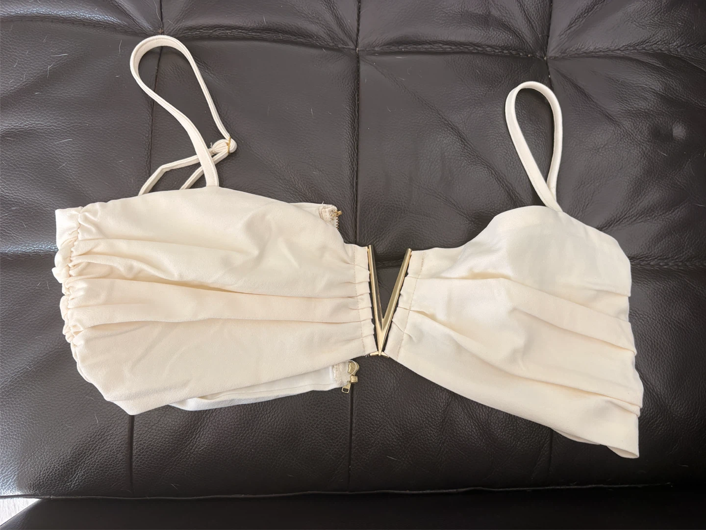 Meshki Cream Ruched V-Wire Crop Top