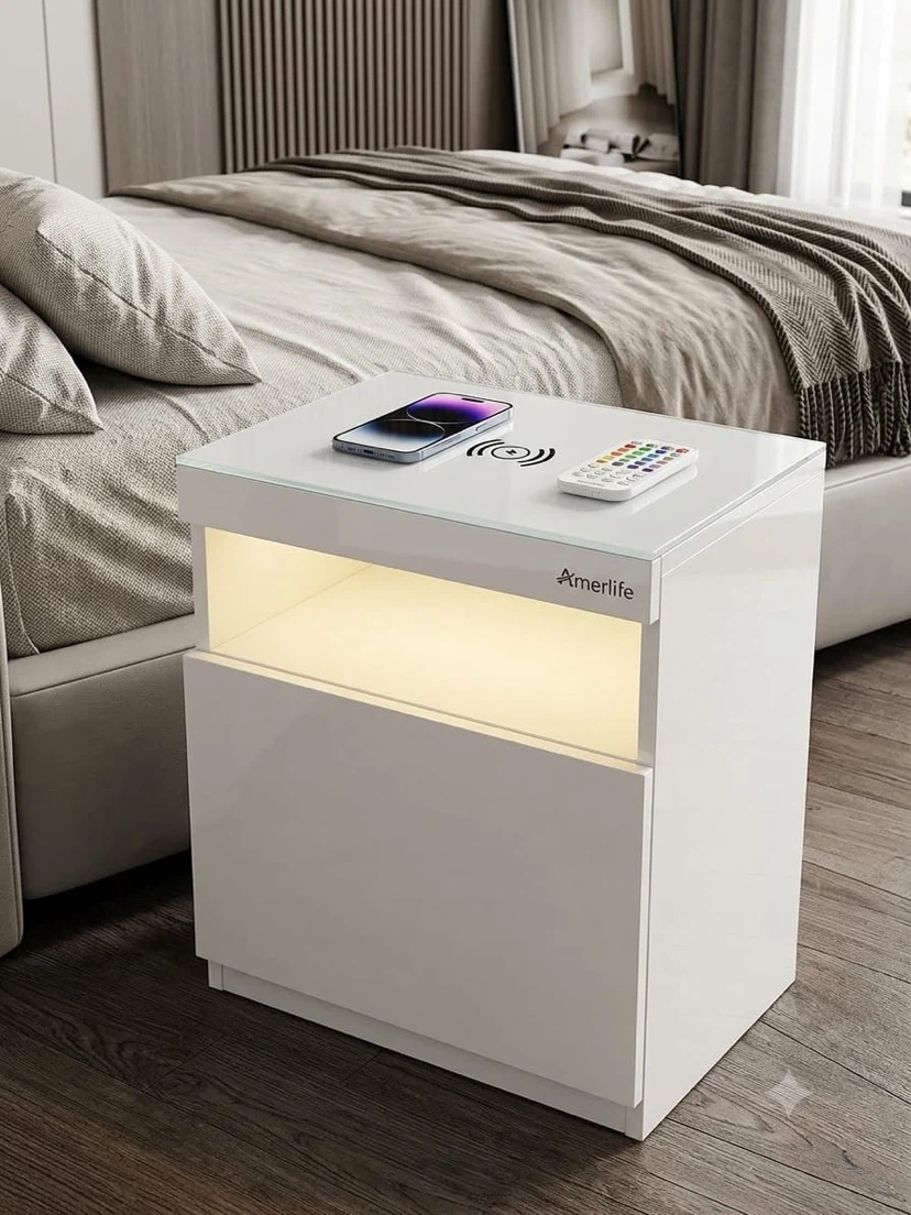 Modern nightstand with a built-in wireless charging and LED