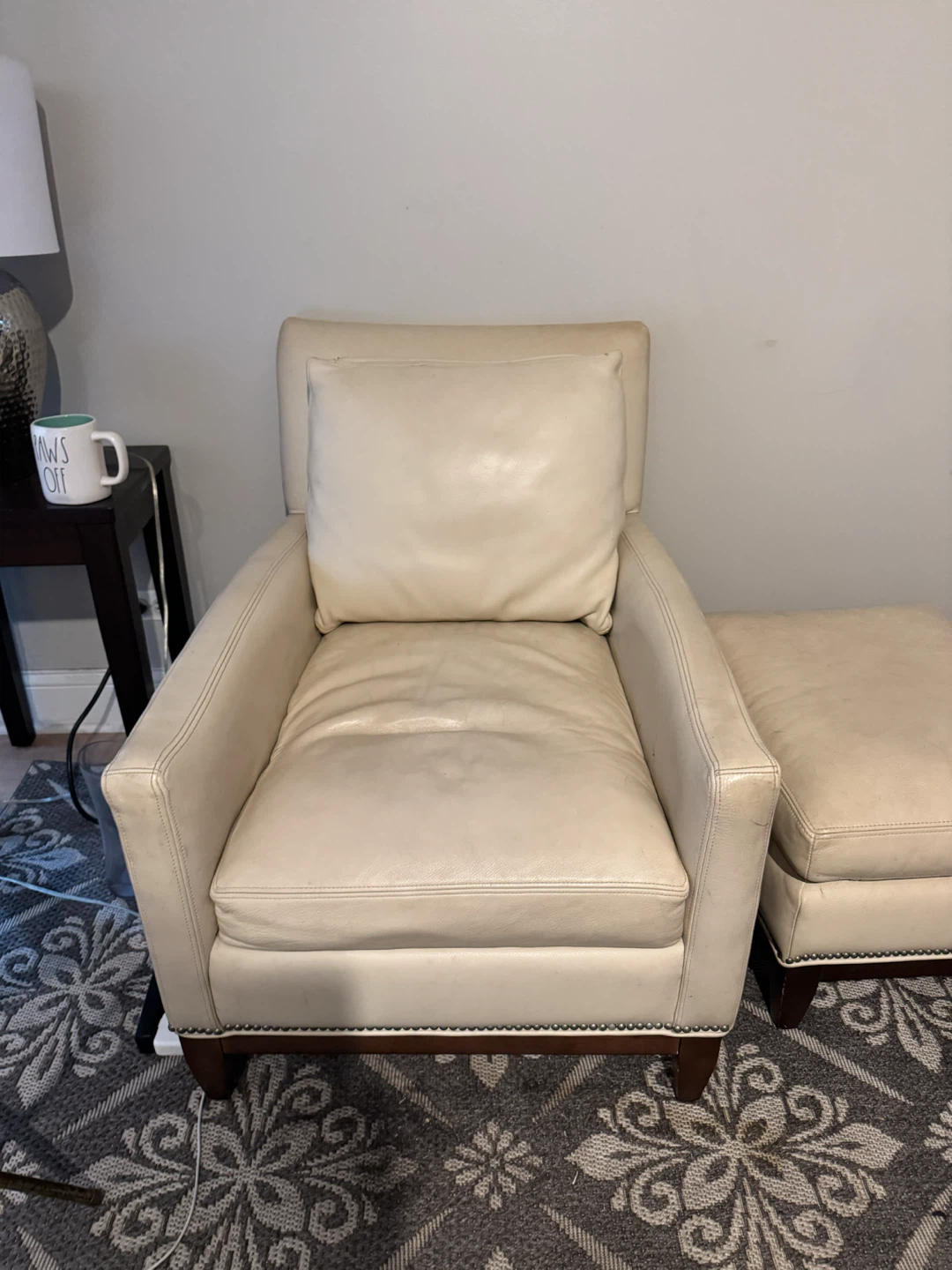 Moving Sale-Italian Cream Leather Armchair w Matching Ottoman