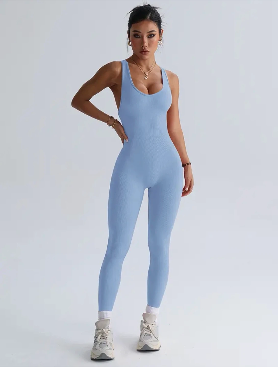 Light Blue Ribbed Sports Jumpsuit