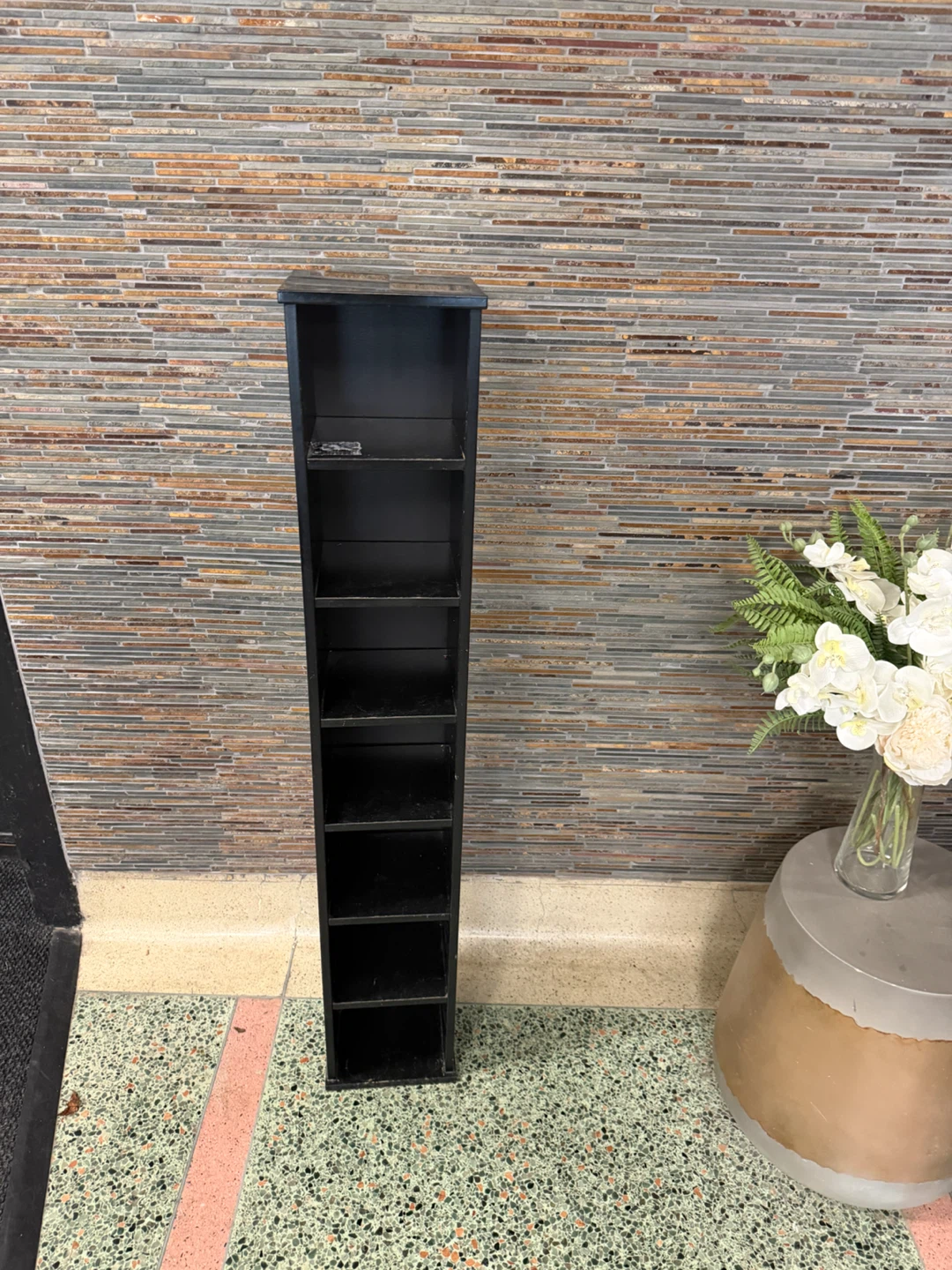 Black Wooden Media Storage Tower / Shelving Unit