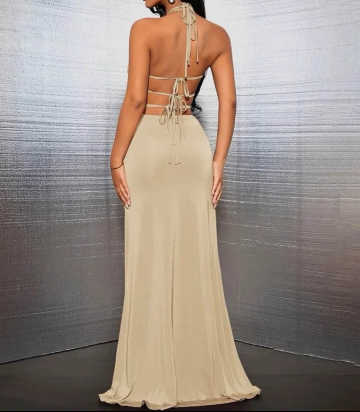 Tan Halter Neck Two-Piece Maxi Skirt Set - photo 2