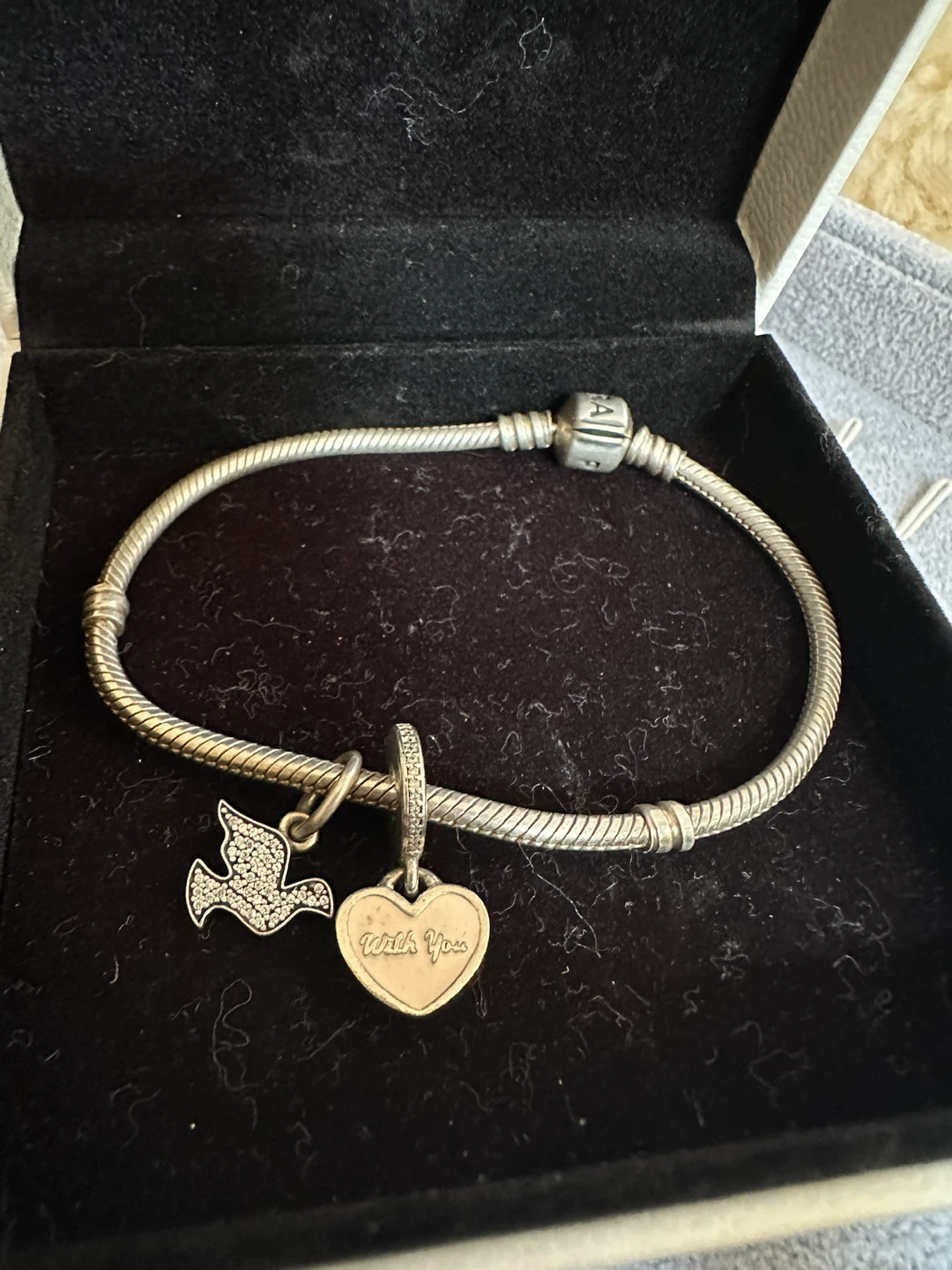 Pandora Silver Bracelet 8” with Dove and Heart Charms