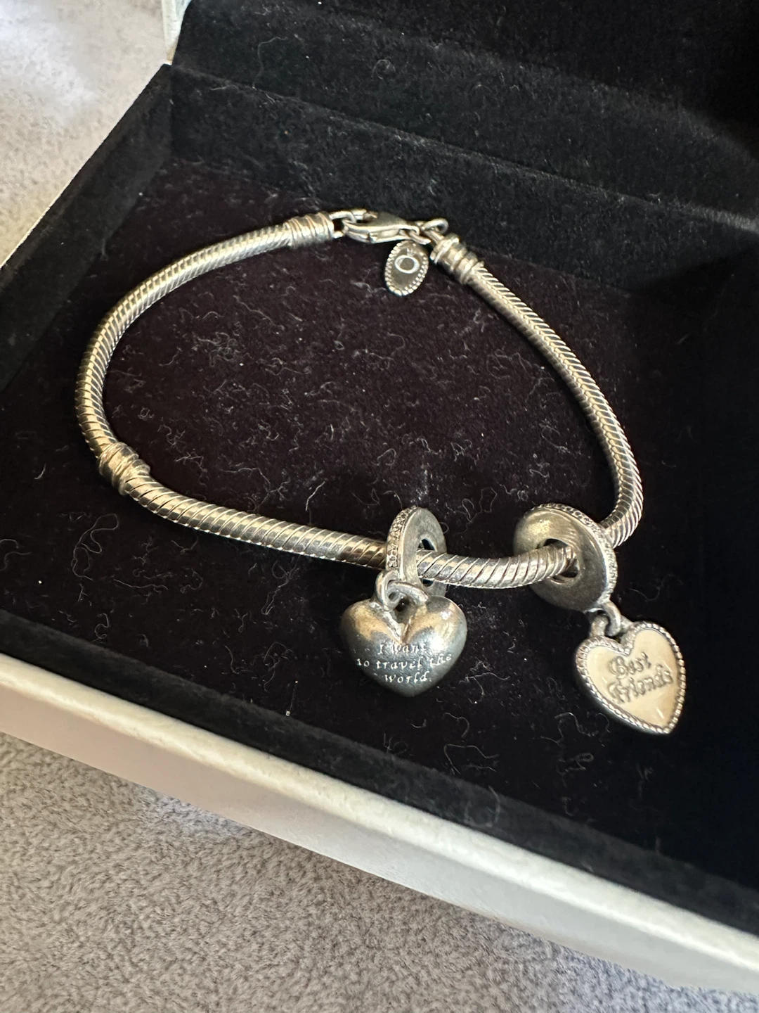 Pandora Sterling Silver Bracelet 7”with 2 Heart Charms