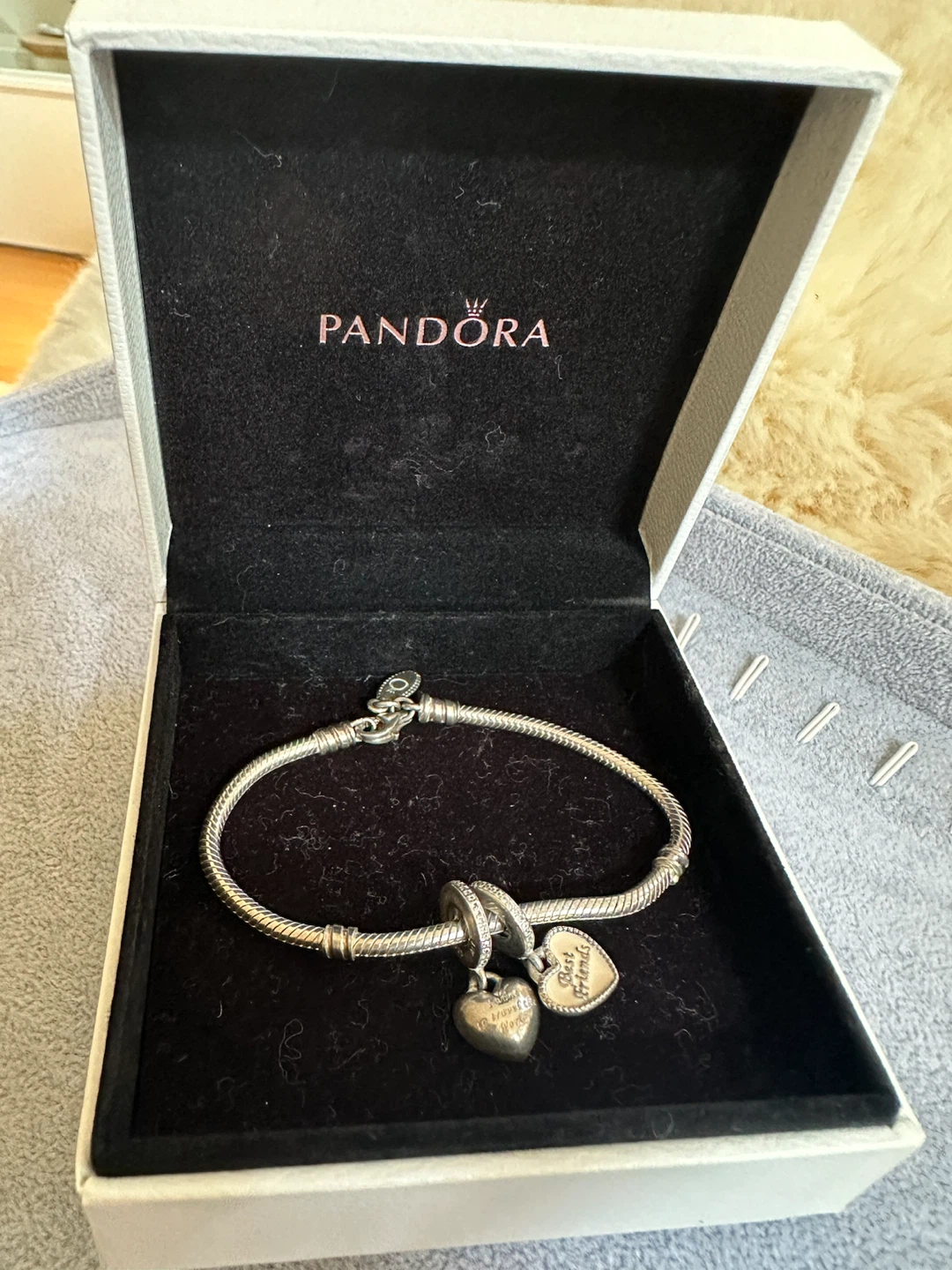 Pandora Sterling Silver Bracelet 7”with 2 Heart Charms - photo 5